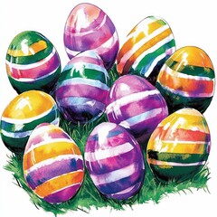 Obraz premium colorful easter eggs with vibrant colors and painted designs, placed on a white background, celebrating the holiday and spring season