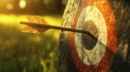 close up of ancient archery target with arrow embedded, showcasing vibrant colors and textures of wooden surface. warm sunlight adds nostalgic feel to scene