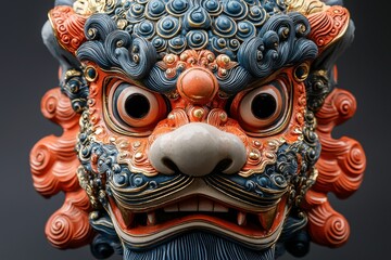 Fototapeta premium Intricate Close-up of a Vibrant Mythical Lion Mask with Majestic Colors and Elaborate Details, Showcasing Traditional Artistry and Cultural Significance