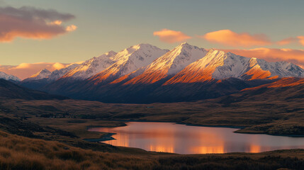Majestic mountain range at sunrise with snow capped peaks reflecting in tranquil lake. warm hues of dawn create serene and breathtaking landscape