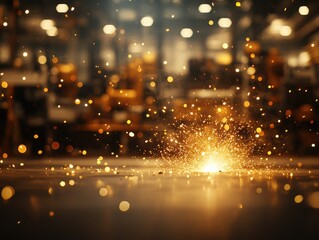 Obraz premium Dynamic Steel Welding Sparks Illuminating Factory Workshop with Detailed Machinery in Background