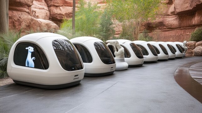 Futuristic pods in desert canyon.  Passengers enjoy simulated ride. Theme park attraction