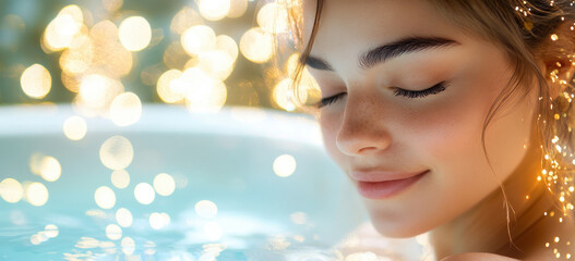 Fototapeta premium serene woman enjoying relaxing moment in spa, surrounded by soft bokeh lights. Her peaceful expression reflects tranquility and calmness