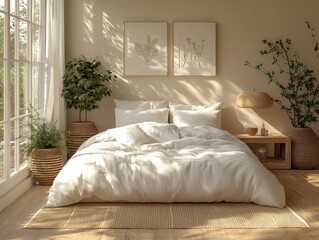 Scandinavian Minimalist Bedroom with Large Windows and Natural Light Featuring Neatly Made Bed and Potted Plants