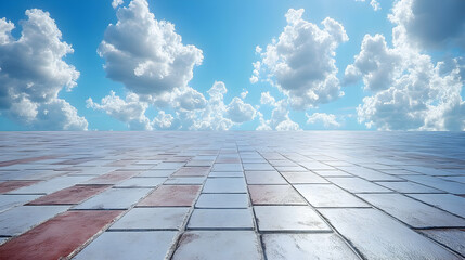 White Tile Floor with Blue Sky and Clouds Background Illustration