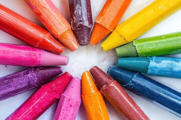 Colorful wax crayons arranged in a standard display art studio closeup photography creative environment vibrant viewpoint imagination with wax creations