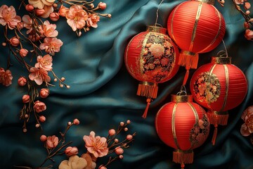 Vibrant Red Lanterns and Pink Blossoms on Silk Fabric, Perfect for Celebrating Lunar New Year and Traditional Festivals with Elegance and Grace
