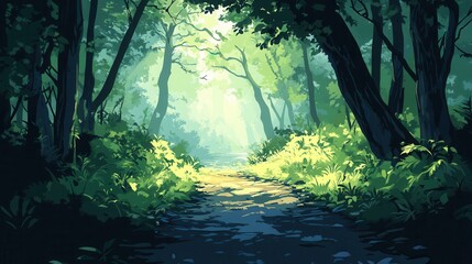 Obraz premium Sunlit Path Through Lush Green Forest