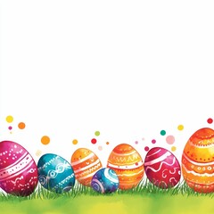 A festive Easter card design featuring colorful decorated eggs framed with bright spring elements. The vibrant colors and cheerful decorations make it a perfect illustration for celebrating Easter
