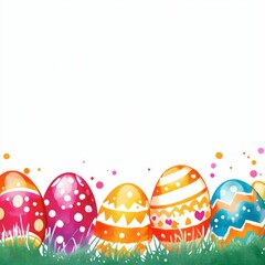 A festive Easter card design featuring colorful decorated eggs framed with bright spring elements. The vibrant colors and cheerful decorations make it a perfect illustration for celebrating Easter