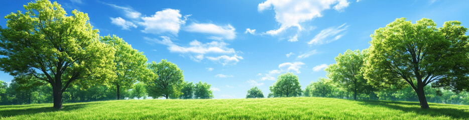 Obraz premium spring meadow with green trees under bright blue sky, showcasing vibrant grass and fluffy clouds. scene evokes sense of tranquility and natural beauty