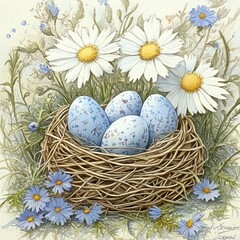 A charming Easter scene with colorful decorated blue eggs nestled in a dry grass nest, surrounded by vibrant flowers.