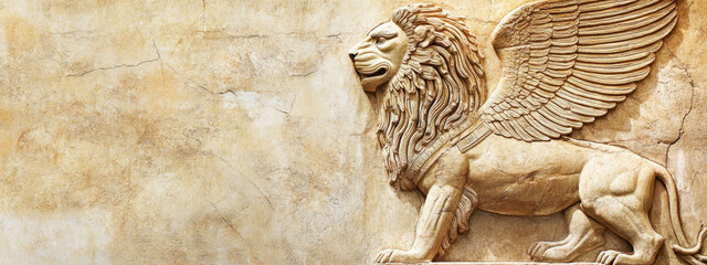 Ancient stone relief of a winged lion with intricate details carved into a textured wall.