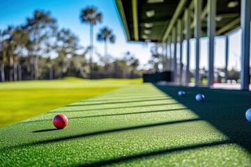Vibrant Golf Course Landscape with Colorful Golf Balls on a Tee Surface Beneath a Sunlit Deck Surrounded by Lush Greenery and Clear Blue Sky