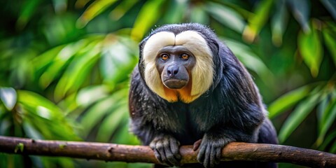 Fototapeta premium Captivating Low Light Photography of a White-Faced Saki in Its Natural Habitat