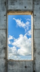 Concrete wall opening, blue sky, clouds, construction site, hope