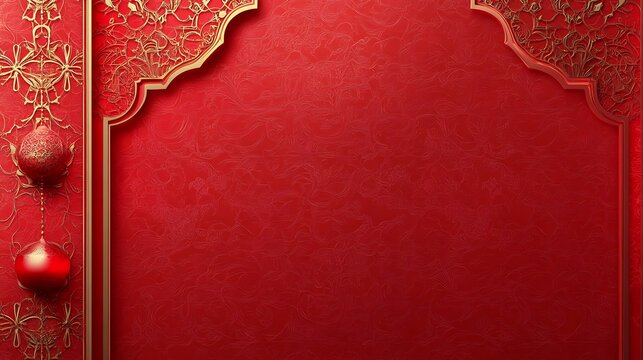 Red Background with Golden Ornaments and Festive Decorations