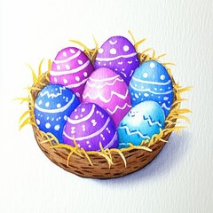 Fototapeta premium A beautiful Easter set featuring colorful eggs with intricate patterns, decorated for the holiday, evoking a festive and cheerful atmosphere.