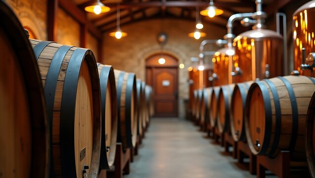 Charming Rustic Brewery with Wooden Barrels and Brewing Equipment