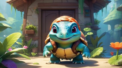 Adorable cartoon turtle with an orange shell standing in front of a wooden door