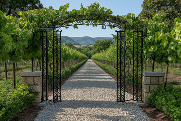 Refined Iron Trellis in a Private Vineyard Crushing Grapes for Fine Wine