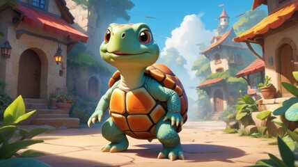 A cartoon turtle with a green body and orange shell stands in a fantasy village
