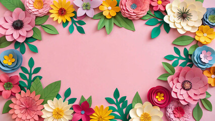 Fototapeta premium top view of multicolored bright paper cut flowers with green leaves on pink background with copy space wallpaper