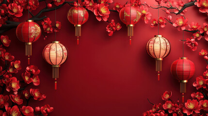 Beautiful red and gold lanterns surrounded by vibrant flowers create festive atmosphere for Chinese New Year celebration. Perfect for greeting cards and decorations