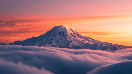 Majestic Mount Rainier rises above sea of clouds at sunset, showcasing its snow capped peak against vibrant sky. scene evokes sense of tranquility and awe