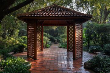 Naklejka premium Gazebo with Lattice Walls and Tiled Floor for a Cozy Garden Retreat