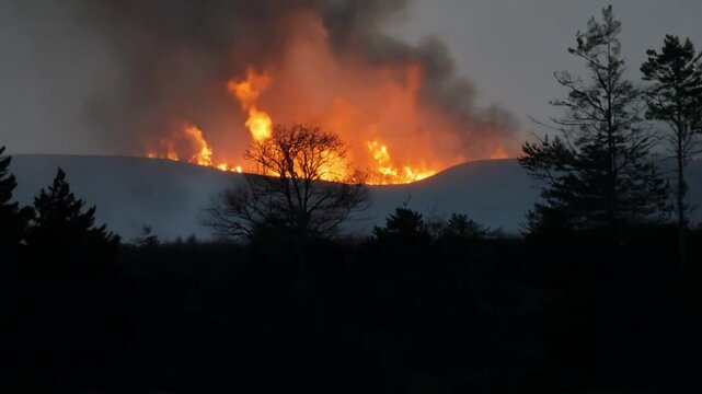 A distant view of an intense wildfire spreading across a mountain forest, emphasizing environmental challenges and the destructive power of natural calamities in remote regions.