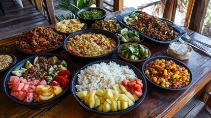 Obraz premium A table laden with diverse, vibrant dishes, rice, curries, and fresh vegetables. Perfect for illustrating healthy eating, cultural cuisine, or a vibrant buffet spread.