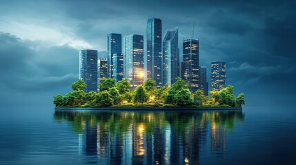 Fototapeta premium Urban Oasis: Cityscape Island at Dusk