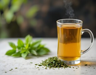 Fototapeta premium A cup of herbal tea with green tea leaves