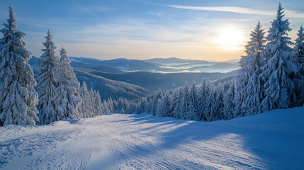 Fototapeta premium serene winter landscape featuring snow covered trees and beautiful sunset. scene captures tranquility of nature in snowy mountain setting