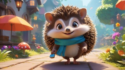 Naklejka premium Cute cartoon hedgehog with blue scarf walking on a paved road in a town