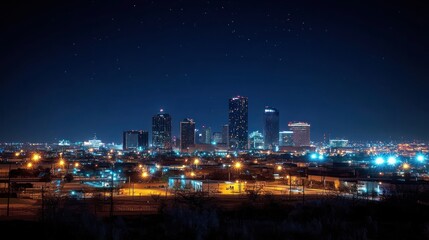 Obraz premium Night city skyline, starlit sky, urban landscape, advertising