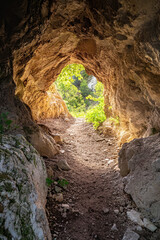 Sunlight filters through a small cave entrance, illuminating the rocky path with warm tones, leading to a vibrant forest landscape.