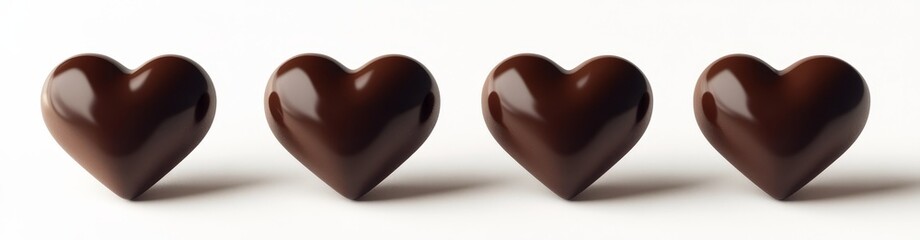 Obraz premium Four shiny dark chocolate hearts in a row on white background.