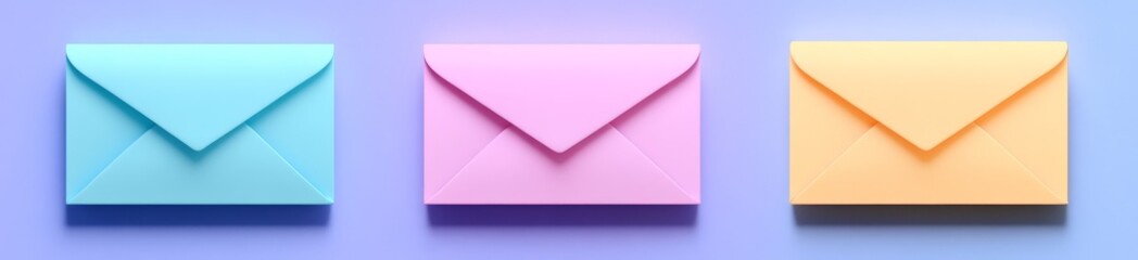 Three pastel envelopes on purple background.