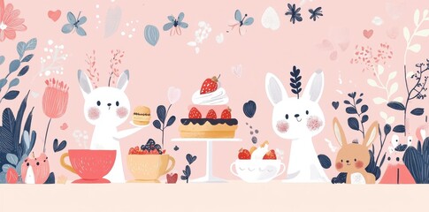 Naklejka premium Adorable Bunnies Enjoying a Strawberry Cake Tea Party