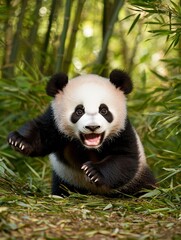 Obraz premium Adorable Panda Cub Playing in Bamboo Forest
