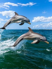 Fototapeta premium Two dolphins leap gracefully from the ocean, a breathtaking display of marine life.