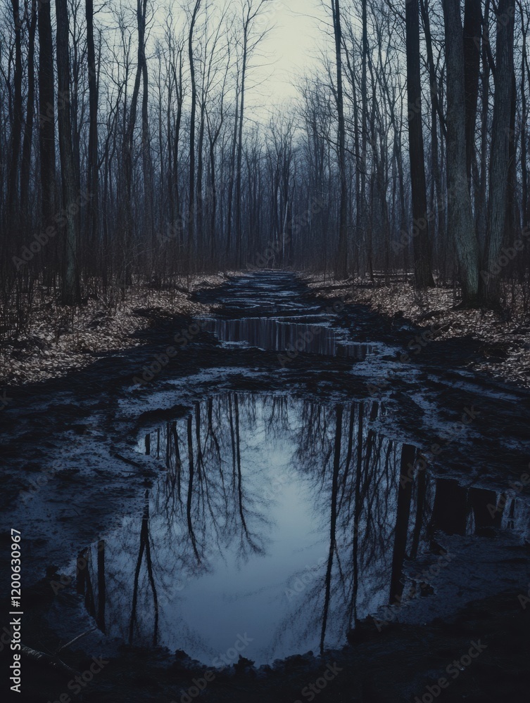 Aufkleber oil lake surrounded by barren trees creates an eerie atmosphere in a desolate forest during dusk. ge