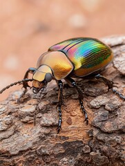 Close-up of a vibrant iridescent beetle on wood, showcasing its metallic shell.