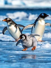 Obraz premium Adorable Penguin Chick Takes First Steps on Ice, Surrounded by Adults