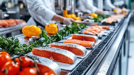 A conveyor belt with a variety of fresh vegetables and fish. Generative AI