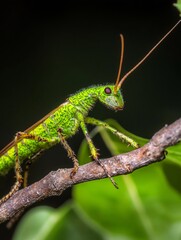 Close-up of a vibrant green stick insect perfectly camouflaged on a branch.