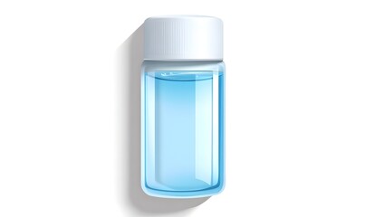 Clear glass bottle with light blue liquid and white cap.
