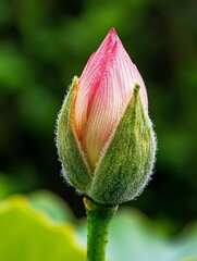 Obraz premium Close-up of a delicate pink lotus flower bud, poised to bloom.
